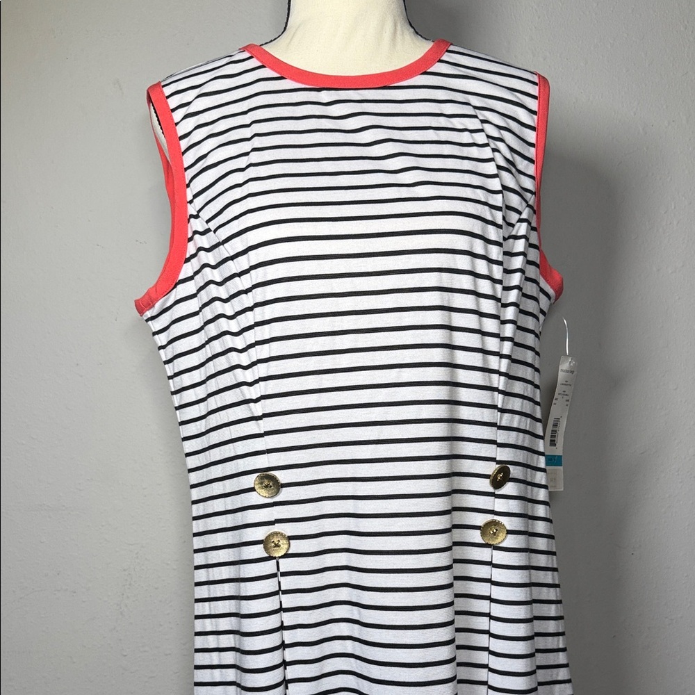 Madison Leigh Black and White Striped Midi Dress with Pink Accents